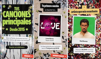 Tres paneles de Spotify Wrapped. El primero muestra 'Tus Canciones Principales'; el segundo, un álbum de Taylor Swift; el tercero, Bad Bunny y confeti