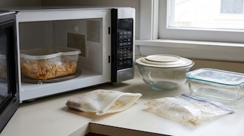 Un microondas abierto con un tupper de pasta dentro y recipientes de plástico y vidrio sobre una encimera junto a una ventana.