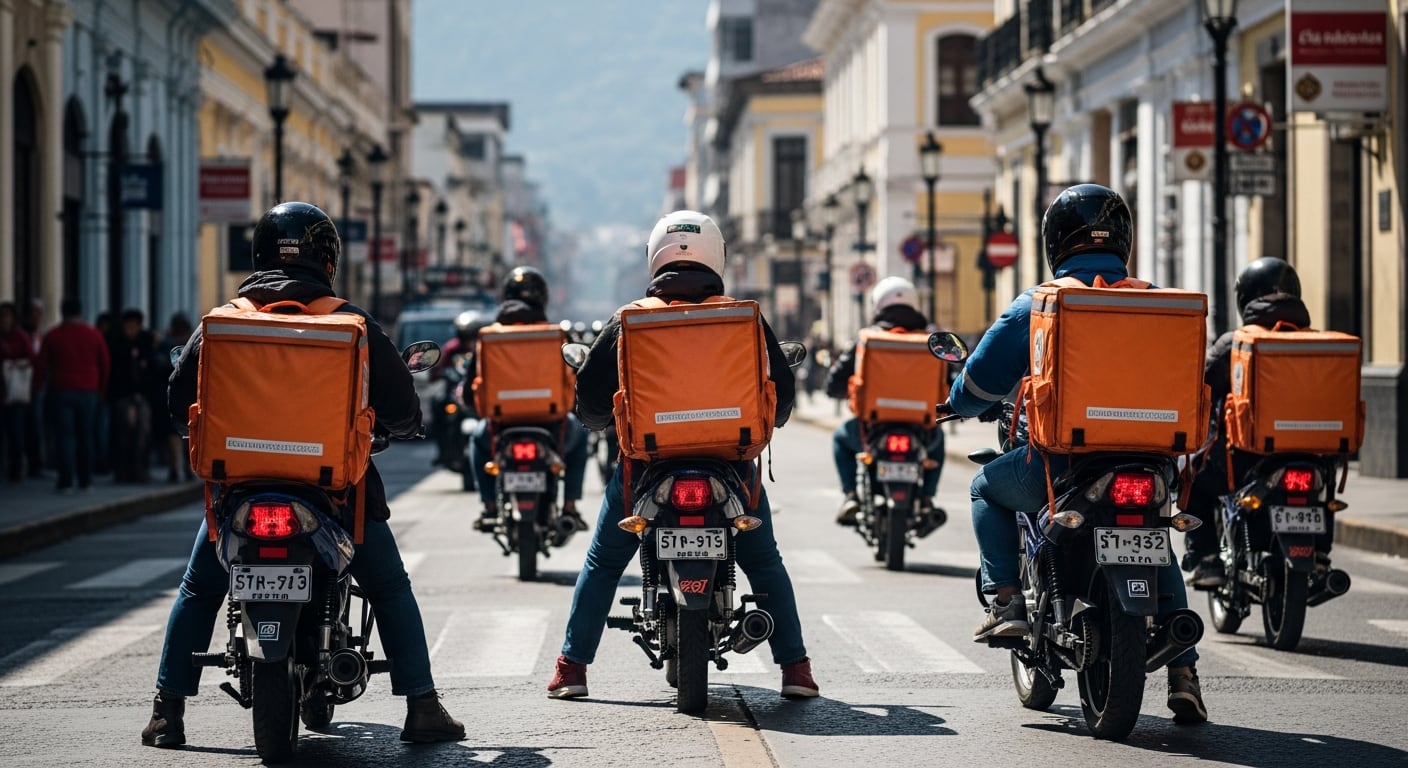 Varios repartidores de comida en motocicleta, equipados con cascos y mochilas anaranjadas, esperan en una calle de Guatemala. (Imagen Ilustrativa Infobae)