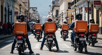 Seis motocicletas con repartidores vistos desde atrás, portando cascos y mochilas anaranjadas en una calle urbana con edificios.