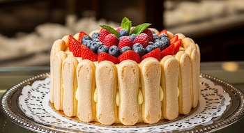 Tarta Charlota con bizcochos de soletilla en los laterales, coronada con fresas, arándanos, frambuesas y una hoja de menta, sobre un plato de plata y blonda.