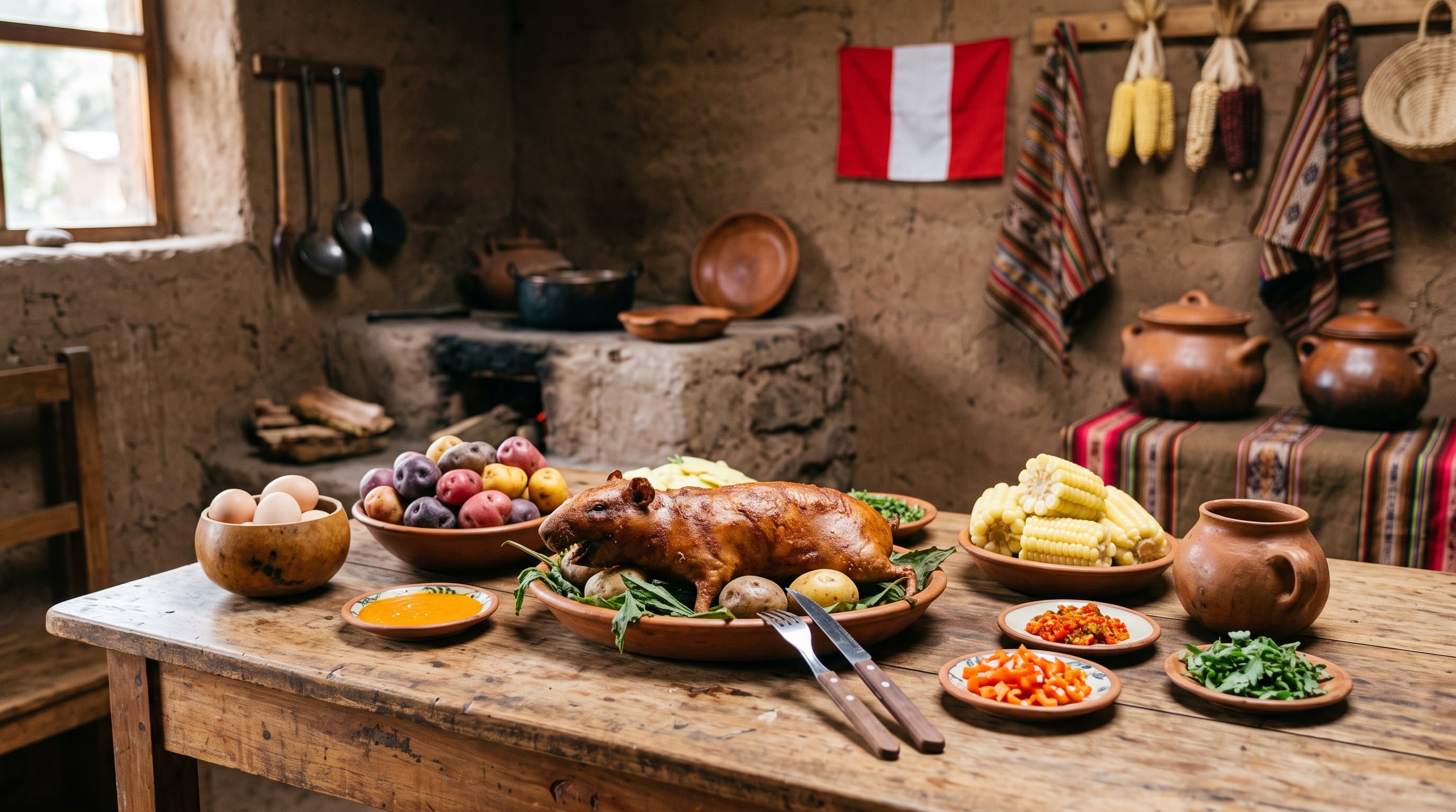 Una mesa en una cocina rural anula reúne cuy asado, papas nativas y choclos para conmemorar el Día Nacional del Cuy en Perú. (Imagen Ilustrativa Infobae)