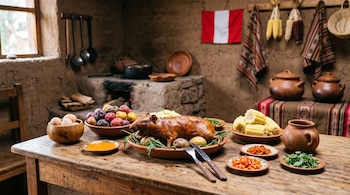 Un cuy cocido entero en una fuente de barro sobre una mesa de madera con papas, choclos y vasijas junto a una pared de adobe.