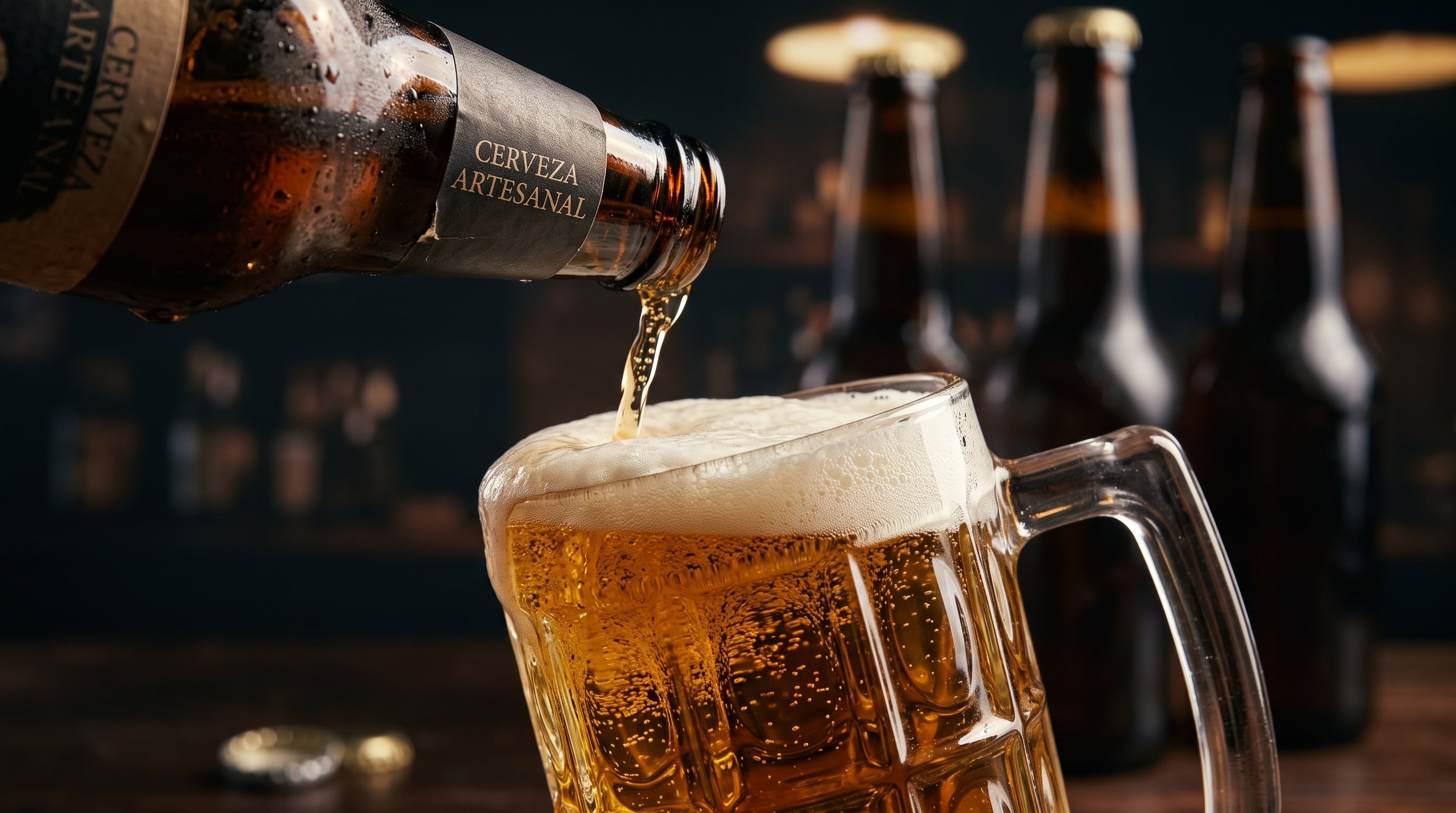 Una botella de vidrio vierte cerveza artesanal en una jarra con espuma sobre una mesa de madera. (Imagen Ilustrativa Infobae)