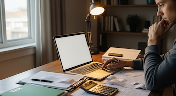 Hombre sentado en un escritorio de madera, usando una laptop con pantalla en blanco para una tarea. Documentos, calculadora y bolígrafo están esparcidos. Una lámpara de escritorio ilumina.