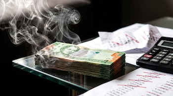 Un fajo de billetes de colones costarricenses en una mesa de vidrio, con humo que emana de ellos. Al lado, una calculadora y papeles con números tachados en rojo.