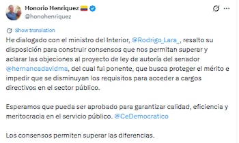 Honorio Henríquez aseguró que hay esperanzas de que el decreto pase los filtros de la Rama Legislativa - crédito @honoriohenriquez/X
