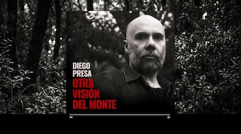 Retrato en blanco y negro de un hombre con barba en un bosque junto al texto Diego Presa Otra visión del monte escrito en blanco y rojo.