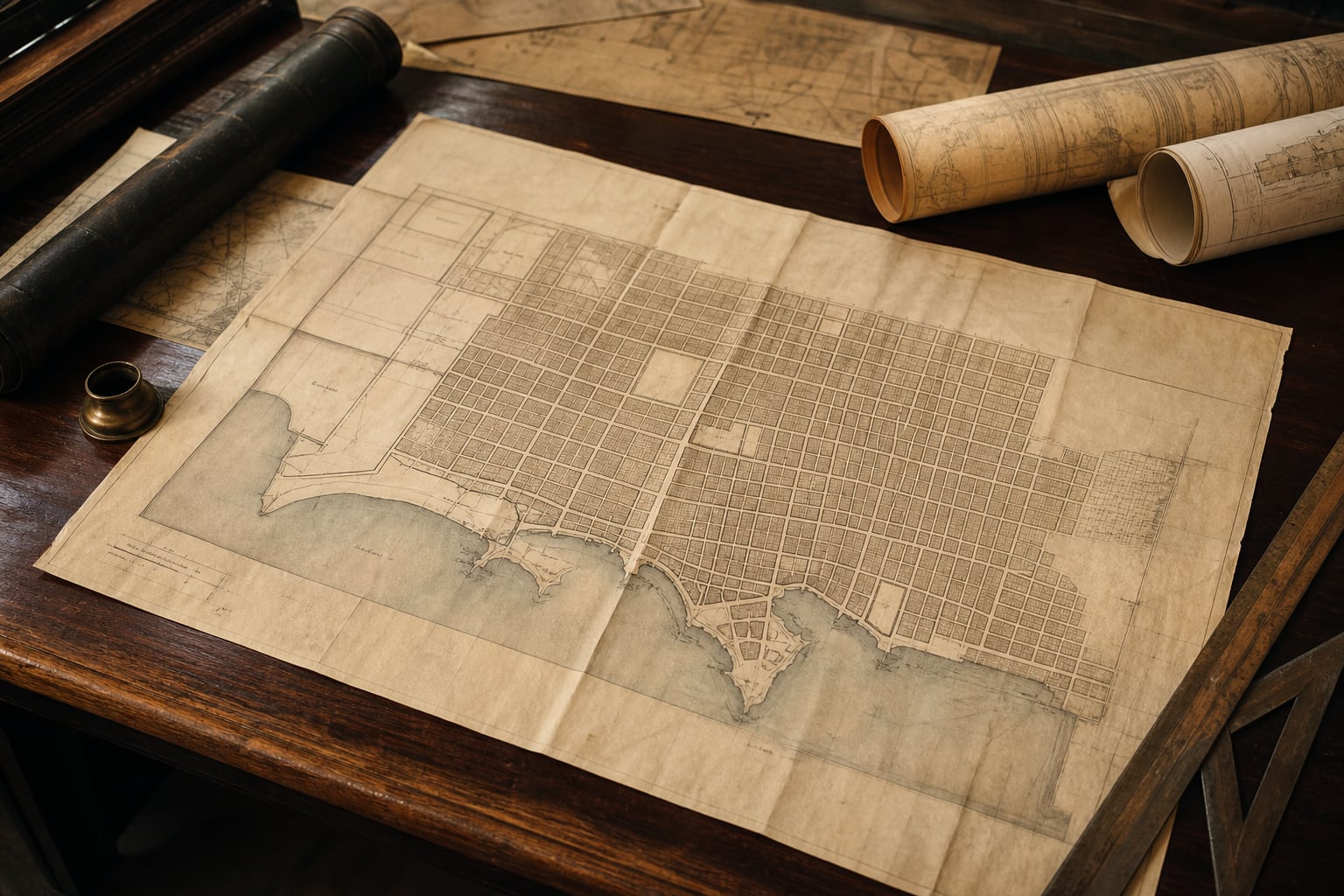 Planos urbanísticos con el trazado de Ciudad de Panamá se extienden sobre una mesa de madera junto a herramientas de medición. (Imagen Ilustrativa Infobae)
