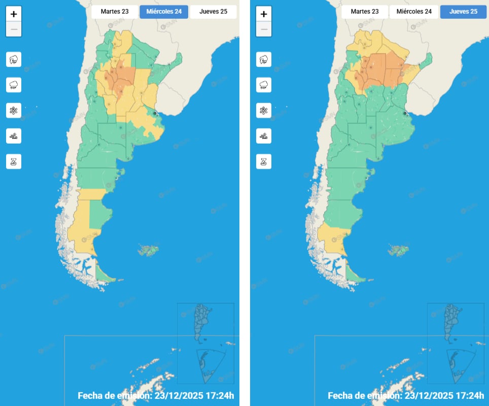 Las alertas por tormentas se mantienen activas en varias provincias del norte y centro del país según el organismo oficial
