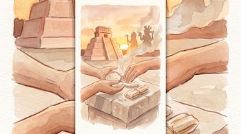 Ilustración de manos sobre un altar de piedra con piezas de resina, un envoltorio, humo de incienso y una pirámide.