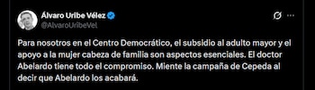 Álvaro Uribe - crédito @AlvaroUribeVel/X