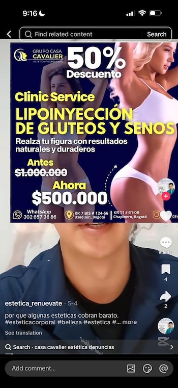 Publicación promocional compartida en redes sociales en la que se ofrecía una lipoinyección de glúteos y senos con descuentos en el precio del procedimiento - crédito Estética Restaurarte/Tik Tok