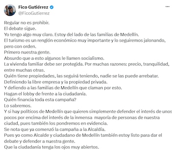 El alcalde cuestionó a quienes, según afirmó, estarían promoviendo intereses particulares en el debate por la vivienda turística. - crédito @FicoGutierrez/X