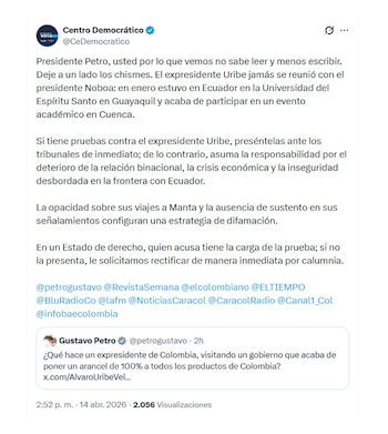 Centro Democrático respondió a Gustavo Petro