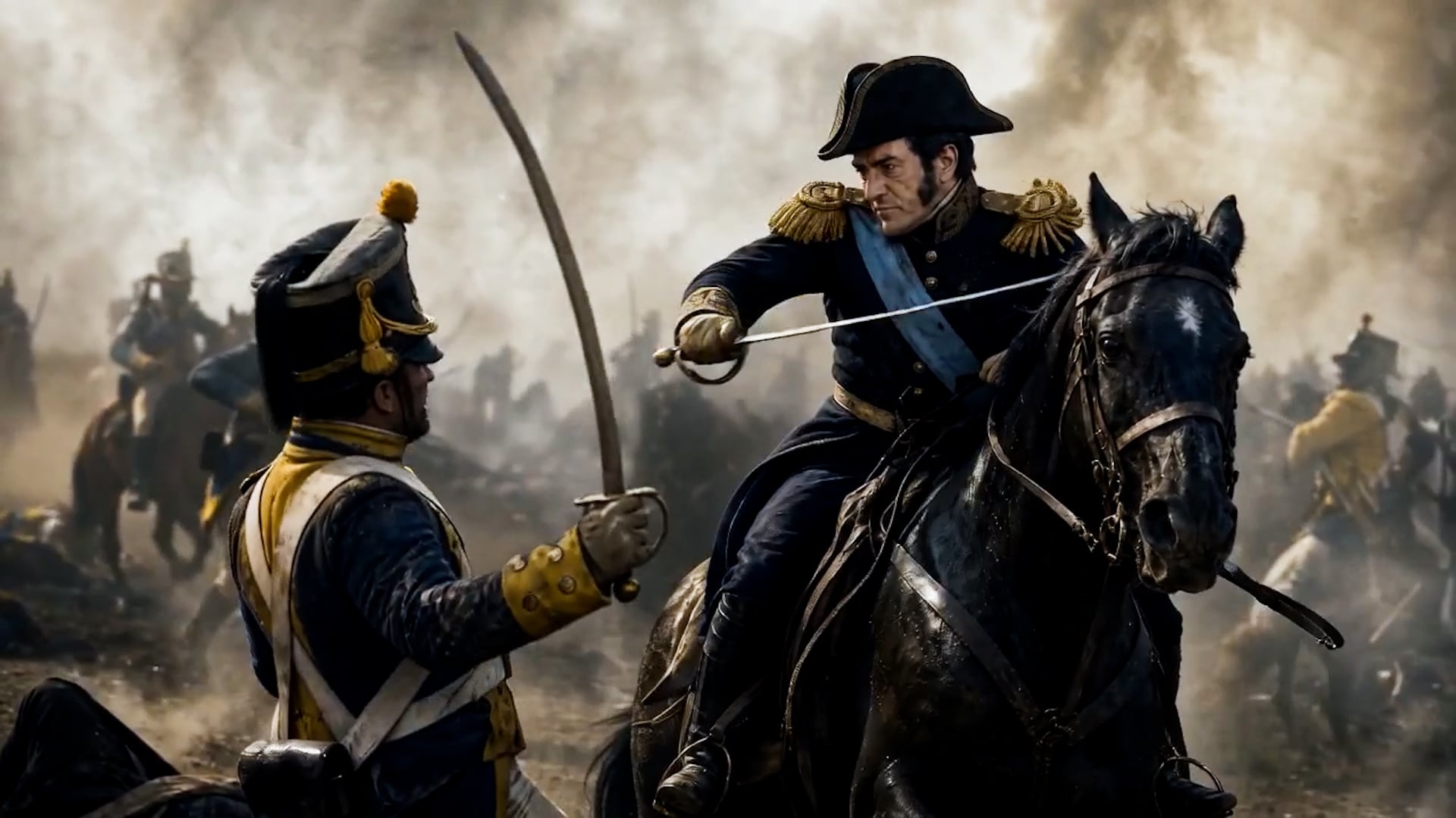 San Martín carga a caballo contra los realistas en esta escena de