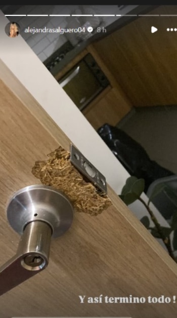 La última publicación de Salguero mostró el estado en que quedó la puerta, reflejo del ingreso violento y el conflicto vivido en su vivienda - crédito @alejandrasalguero04/ Instagram