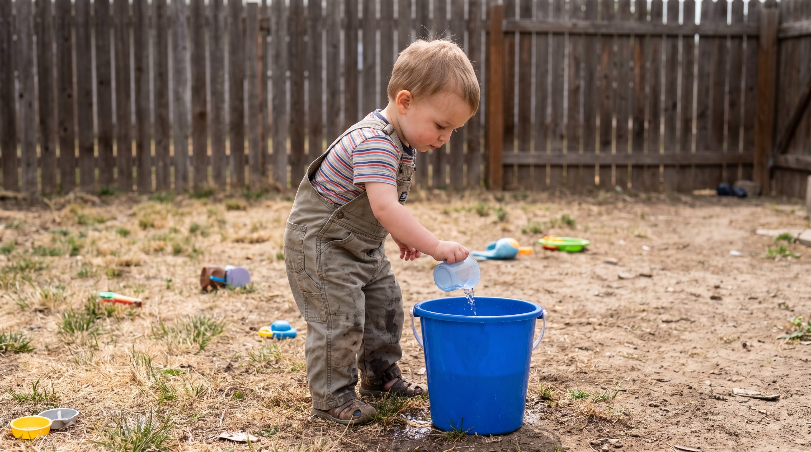 Un niño pequeño vierte agua en una cubeta azul mientras juega en un patio de tierra y pasto seco, sin supervisión de un adulto presente. (Imagen Ilustrativa Infobae)