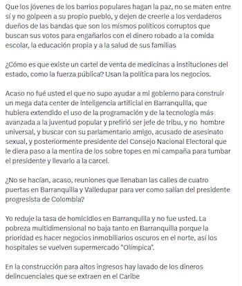 El jefe de Estado afirmó que Alejandro Char está aliado con políticos que buscan sacarlo del poder con rumores falsos sobre los topes electorales de su campaña - crédito @petrogustavo/X