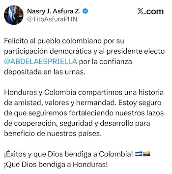 El presidente de Honduras felicitó al presidente electo Abelardo De la Espriella - crédito @TitoAsfuraPHN/X
