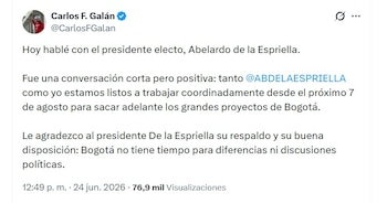 El alcalde Carlos Fernando Galán confirmó que sostuvo una conversación con el presidente electo Abelardo de la Espriella - crédito @CarlosFGalan/X