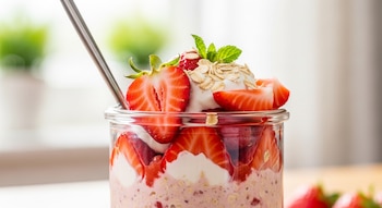 Primer plano de un frasco de vidrio lleno de avena rosa, capas de crema blanca y fresas cortadas, cubierto con copos de avena y menta. Una cuchara metálica está dentro.