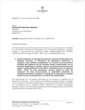 La respuesta del derecho de petición que Sánchez le envió a la Cancillería se emitió con fecha del 26 de octubre de 2026 - crédito @DuvalierSanchez/X