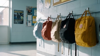 Fila de mochilas escolares de distintos colores colgadas en ganchos de pared en un corredor de secundaria. Se ven carteles desenfocados y una ventana con luz lateral.