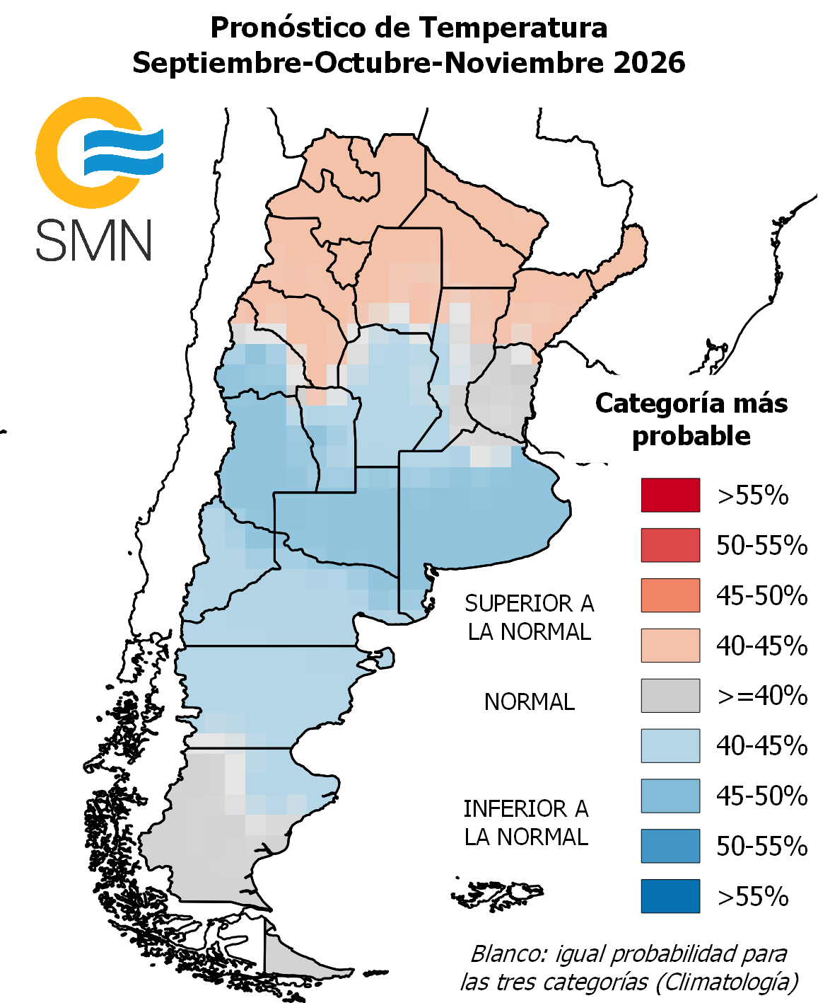 La temperatura media tendría valores normales o levemente superiores en el norte del país y una tendencia por debajo de lo habitual en Cuyo, La Pampa, Buenos Aires, Córdoba, el sudoeste de Santa Fe y el centro-norte de Patagonia. (SMN)