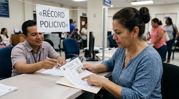 Una mujer sentada ante un escritorio revisa un documento titulado récord policivo junto a un hombre que le señala la hoja.