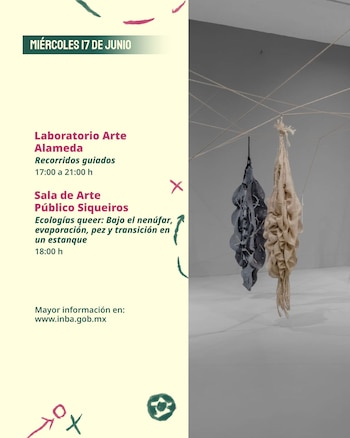 Captura de pantalla de un flyer de eventos culturales con texto sobre un fondo beige y una instalación artística de dos piezas textiles colgantes