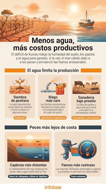 Infografía con texto e ilustraciones sobre sequía, riego, ganado, peces en profundidad y un barco en la superficie del agua.