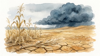 Ilustración en acuarela de un campo con plantas de maíz marchitas en tierra agrietada y una gran nube oscura en el horizonte.