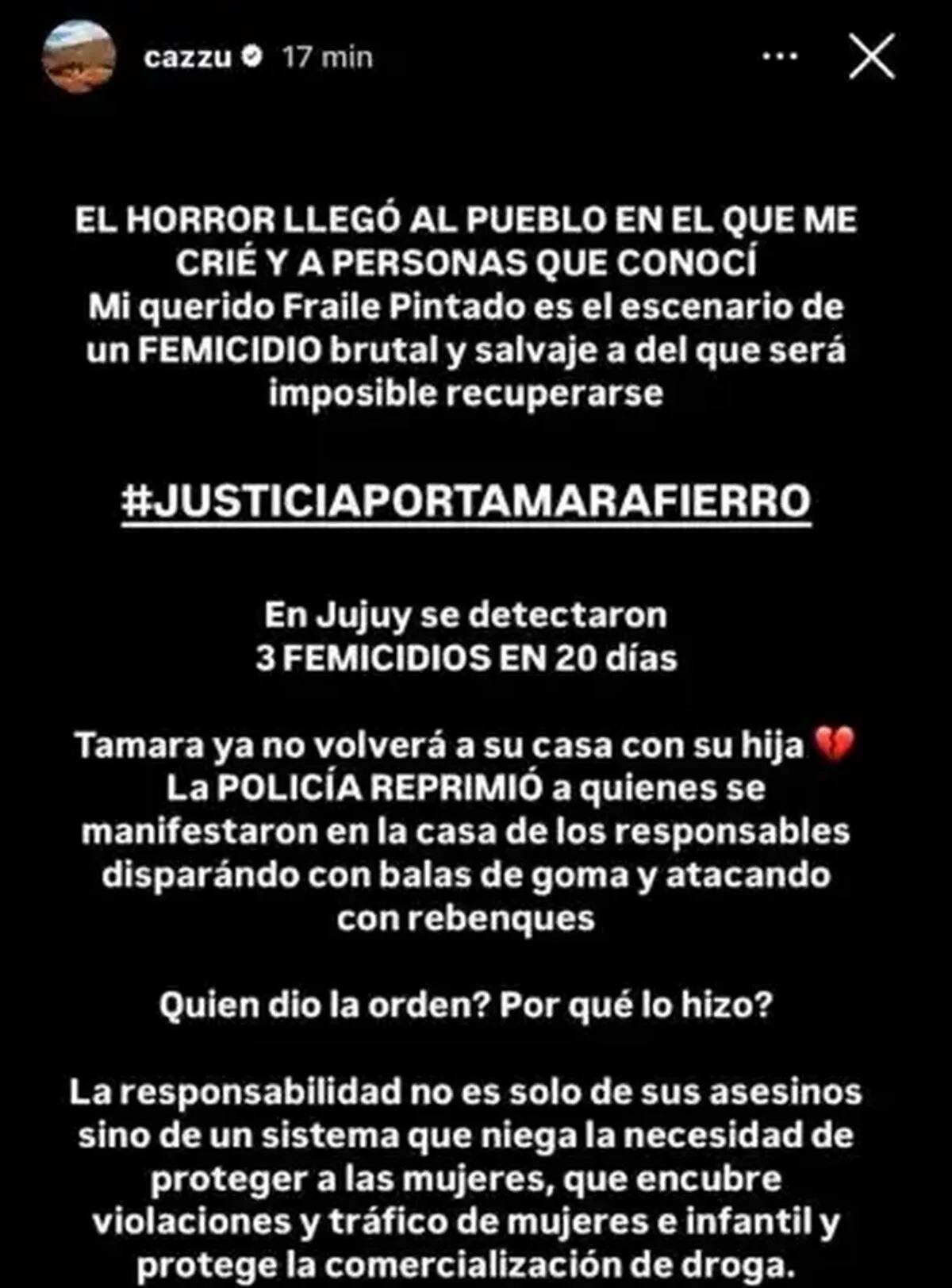 La publicación de Cazzu a raíz de la serie de femicidios que sufre Jujuy (Instagram)