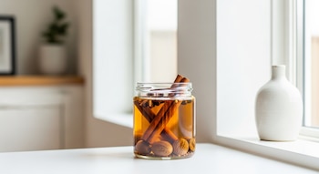 Un frasco de vidrio transparente con canela en rama, nuez moscada y anís estrellado en un líquido ámbar, sobre una superficie blanca junto a una ventana.