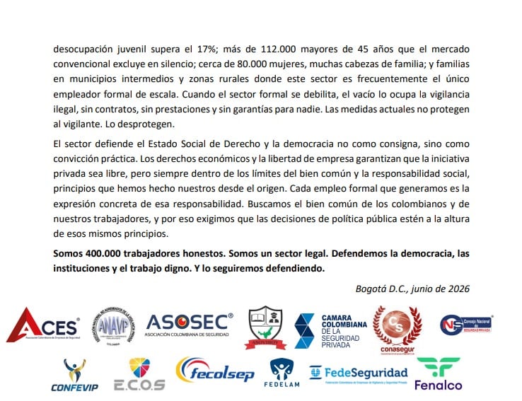 Las asociaciones del ramo sostuvieron que el cambio omitió en sus cálculos el impacto de un lunes festivo creado por ley y que la nueva estructura afecta la viabilidad de las compañías formales del sector - crédito captura de pantalla Comunicado oficial