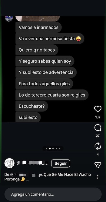 Captura de pantalla de una publicación de Instagram con burbujas de chat oscuras y texto blanco que dice "Vamos a ir armados", junto a iconos de reacción