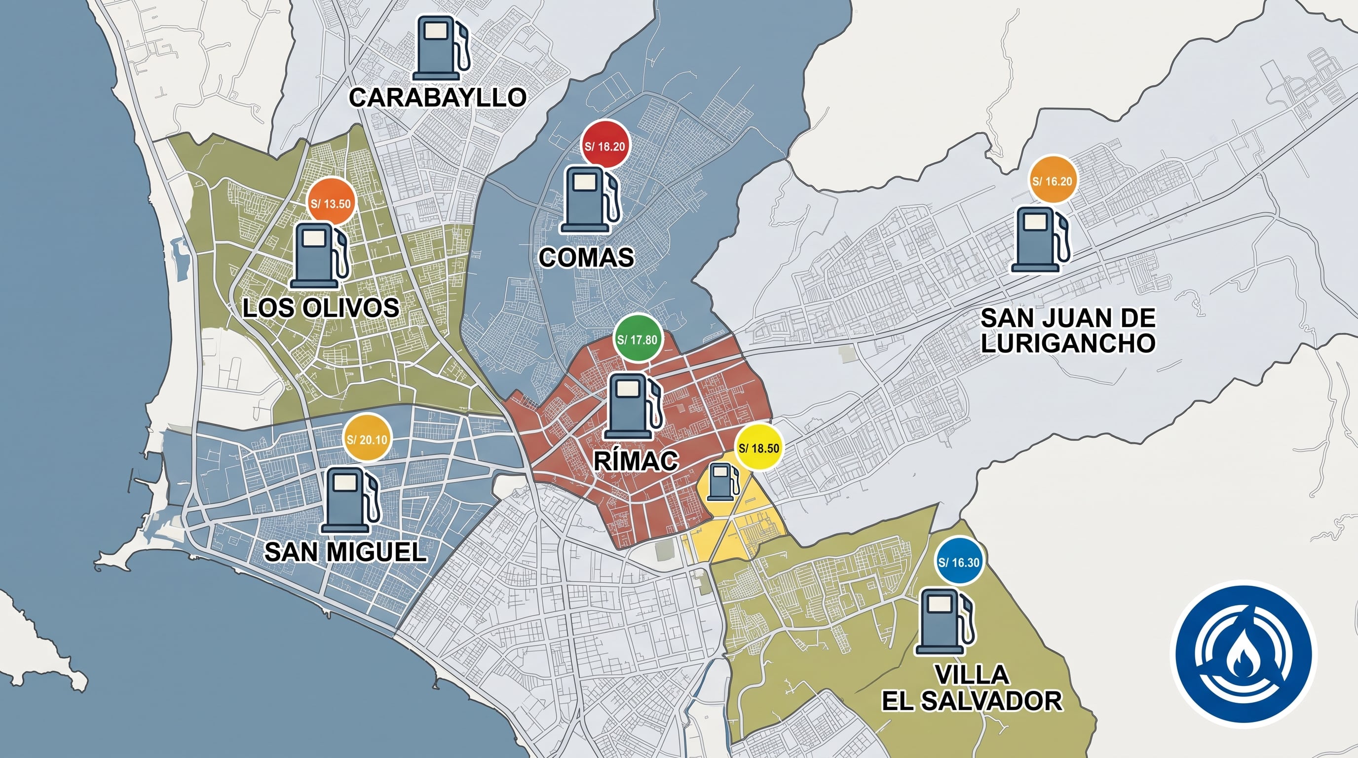 Un mapa urbano de Lima compara los precios de referencia de los combustibles en siete distritos de la capital peruana junto con el logotipo de Osinergmin. (Imagen Ilustrativa Infobae)
