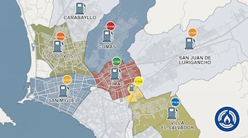 Mapa de distritos de Lima con divisiones en colores, íconos de surtidores de combustible, cifras numéricas y un emblema circular azul.