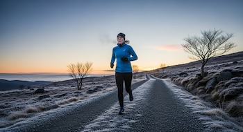 Una mujer con gorro, chaqueta azul y pantalones negros corre por un camino escarchado al amanecer; se ve su aliento y árboles desnudos en el paisaje helado.