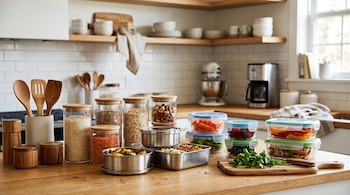Frascos de vidrio con granos, recipientes metálicos con comida, envases de plástico con verduras y utensilios de madera en una cocina.