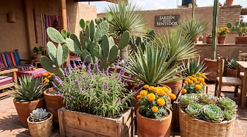Macetas de barro y cestas con nopales, magueyes, flores de cempasúchil, salvia morada y suculentas en una terraza con muebles de madera.