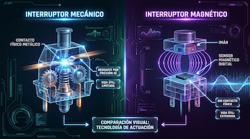 Infografía que muestra la anatomía de un interruptor mecánico con contacto físico y un interruptor magnético con imán y sensor, sobre un fondo tecnológico oscuro.