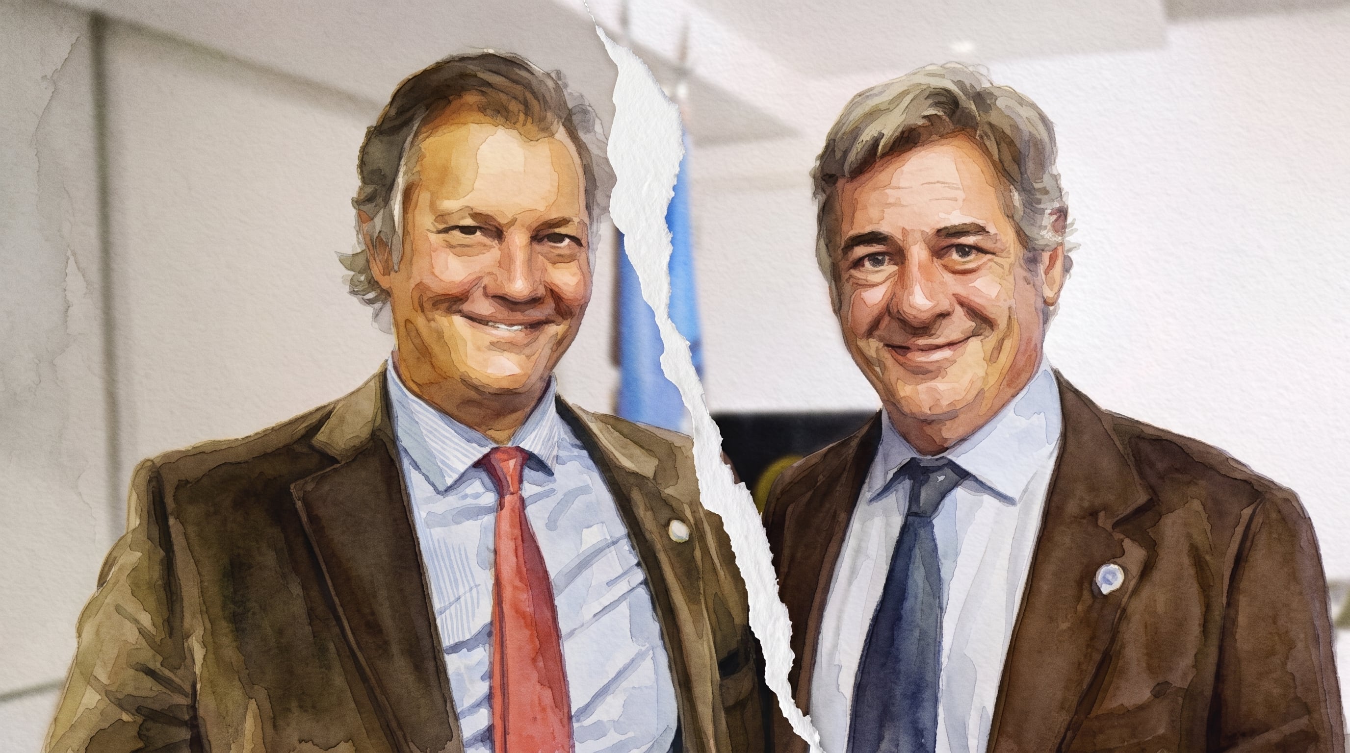 Una ilustración en acuarela presenta a dos hombres sonrientes con trajes formales divididos por una rasgadura de papel en el centro. (Imagen Ilustrativa Infobae)