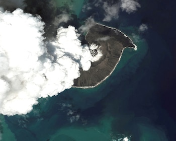 A satellite image shows the Hunga Tonga-Hunga Ha'apai volcano before its main eruption