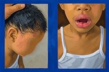 Dos ilustraciones con marco azul muestran el perfil de un menor con una mano sobre su cabeza y un primer plano de sus labios inflamados.