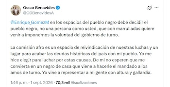 Óscar Benavides defendió la importancia de que las comunidades afro tengan protagonismo al mostrar su rechazo a que el senador Enrique Gómez se encuentre en la Comisión - crédito @ODBenavidesA/X