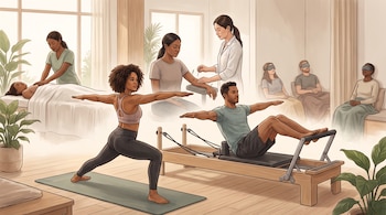 Una mujer haciendo yoga, un hombre en una máquina de pilates y personas en sesiones de acupuntura, masaje y descanso.