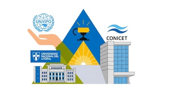 Ilustración plana de un edificio universitario con logo, un edificio moderno con logo, una mano con logo global y una lámpara central irradiando luz.