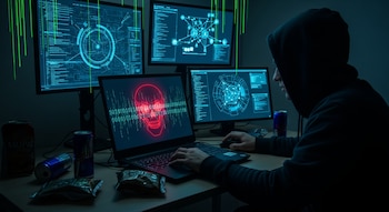 Una persona encapuchada teclea en un portátil. Frente a ella hay tres monitores que muestran código, gráficos y una calavera roja. Hay latas y envoltorios.